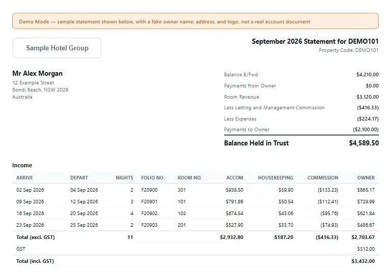 A sample TrustCentrix owner statement in demo mode: the balance held in trust summary and income by stay with commission and owner share.