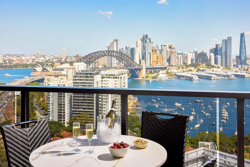 Balcony view of Sydney Harbour from a serviced apartment