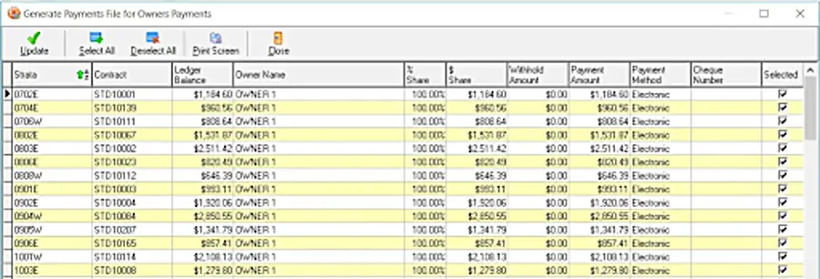 The TrustCentrix screen for generating an owner payments file for distribution.