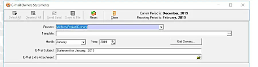 The TrustCentrix dialog for emailing owner statements in bulk.