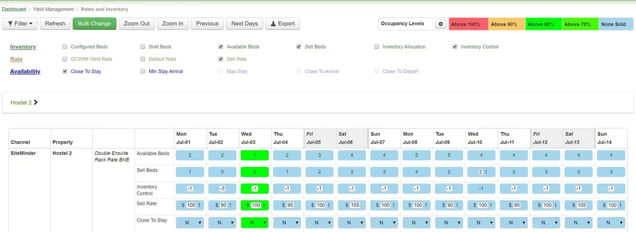 The GuestCentrix inventory and availability grid, colour-coded by room type across a date range.